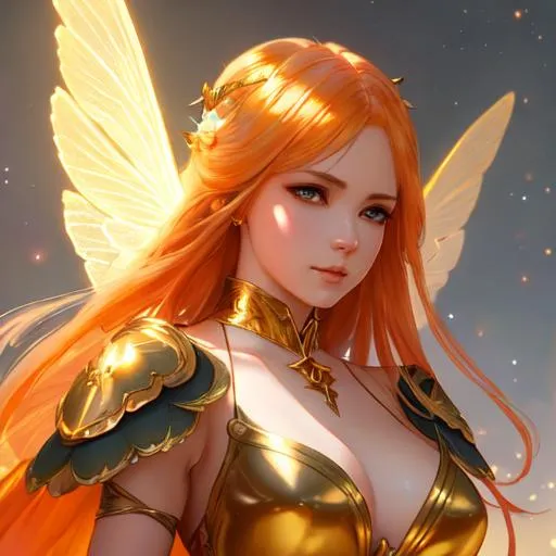 Prompt:     Magical Female Fairy,  yellow wings, light orange hair, dark gold
eyes, perfect features, extremely detailed, realistic. Krenz Cushart + loish +gaston bussiere +craig mullins, j. c. leyendecker +Artgerm, oil painting texture oil painting effect. 