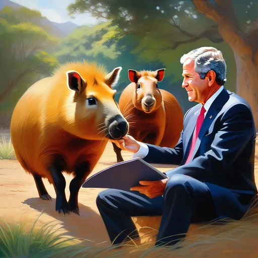 Prompt: George W Bush meets capybaras, anime style, extremely detailed painting by Greg Rutkowski and by Henry Justice Ford and by Steve Henderson 