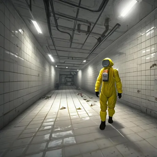 Prompt: Guy in a hazmat suit In sewers with clear water with walls and floor all white tiles with long hallways


