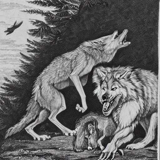 Prompt: werewolf and prey in the style of John Audubon’s illustrations