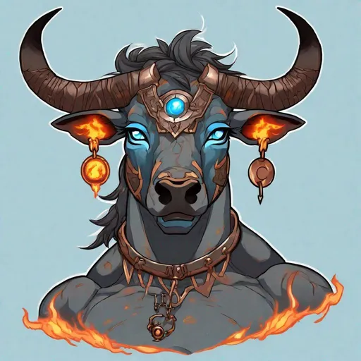 Prompt: Your OC is a massive withered minotaur, with fiery sky blue eyes. They identify as female, and have a piercing voice. As an accessory, they have 2 buttons, and they can be seen wearing a collar.