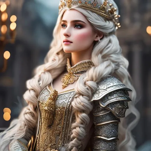 Prompt: create hig quality photograph of  beautiful female princes with white medieval  armor, extremely detailed face, extremely detailed environment, extremely detailed background, intricate, extremely detailed skin, natural colors , professionally color graded, photorealism, 8k, realistic, moody lighting, ambience lighting
