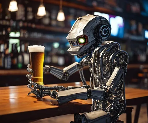 Prompt: A robot sitting on a bar stool drinking a beer at the bar