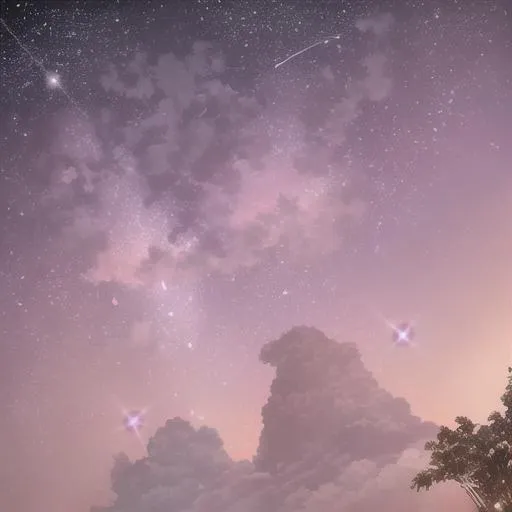 Prompt: Meteors and Comets in beautiful pink 
sky .