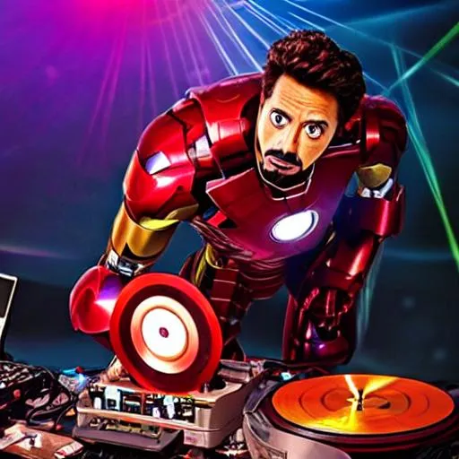 Prompt: Iron Man as a DJ in a nightclub wearing headphones, with record player, microphone and mirror ball