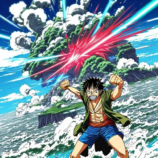 Prompt:  anime style laser beam destroying an island one piece style Echiro Oda