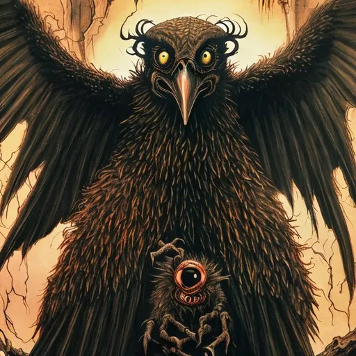 Prompt: King Wuzzard the buzzard wizard with a vulture-like face and terrifying eyes.
