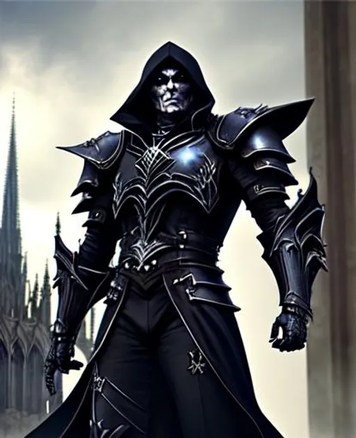 Prompt: Gothic Art Style, Cathedral Background, Armor, Man, Villian, realistic, Character Concept, 