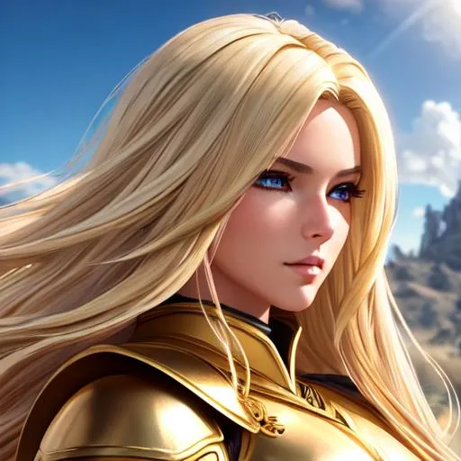 Prompt: extremely realistic, hyperdetailed, blonde hair knight girl, wears full golden armor, hair blowing in the wind, highly detailed face, highly detailed eyes, highly detailed body, full body, whole body visible, full character visible, soft lighting, high definition, ultra realistic, unreal engine 5, 8K, digital art