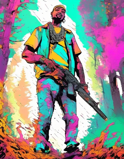 Prompt: vibrant inkpunk style photo of man in burning forest with firearm and fat Cuban link chain