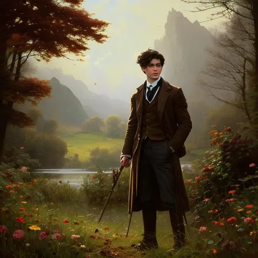 Prompt: Splash art portrait of ruggedly handsome, androgynous, dark brown haired man with short hair, facial stubble, 30 years old, in the Irish countryside, victorian light clothes, elegant, highly detailed, intricate, smooth, sharp focus, artstation, digital painting, concept art, art by greg rutkowski, alphonse mucha and John William Waterhouse, light, romantic, happy, soft, gentle, golden, warm, summer