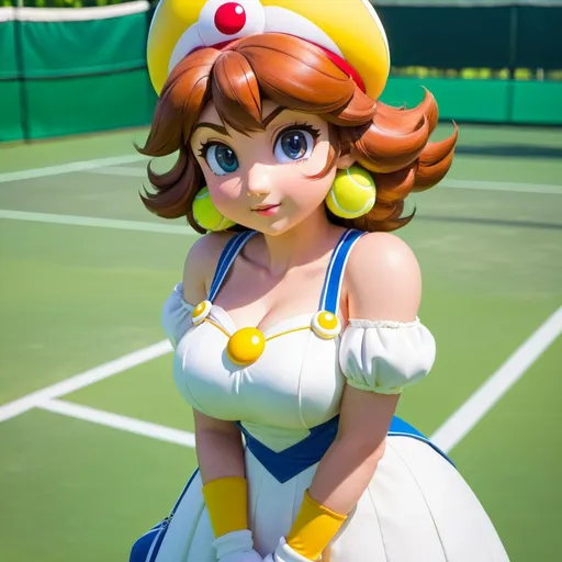 Prompt: day, tennis court background, female, Princess Daisy, super mario, anime style, solo focus, curvy figure, looking at viewer, dynamic position