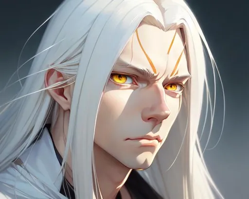 Prompt: Closeup face portrait of a {male}, big yellow eyes, long straight white hair, symmetrical, anime wide eyes, soft lighting, detailed face, by makoto shinkai, stanley artgerm lau, wlop, rossdraws, concept art, digital painting, looking into camera