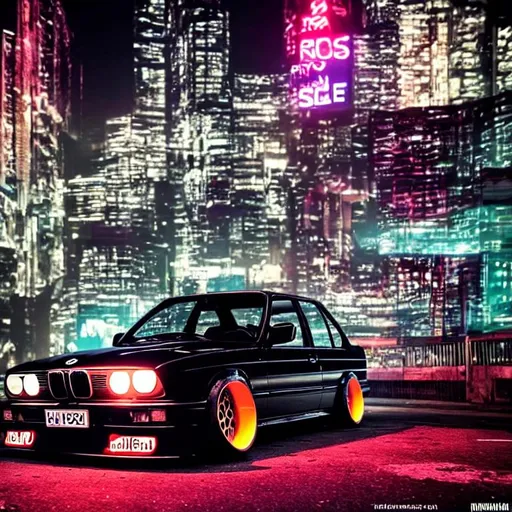 Prompt: customised bmw e30 with widebody.  at night under a bridge, in a futuristic dark cyberpunk city with futuristic skyscrapper and building  full of neon light and comercial writings in the background.