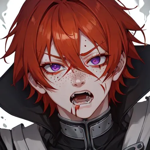 Prompt: Erikku male adult (short ginger hair, freckles, right eye blue left eye purple) UHD, 8K, Highly detailed, insane detail, best quality, high quality, covered in blood, covering his face with his hand, wide eyes, insane, fear, threatening, laughing, angry, fighting, psychopathic, anime style,