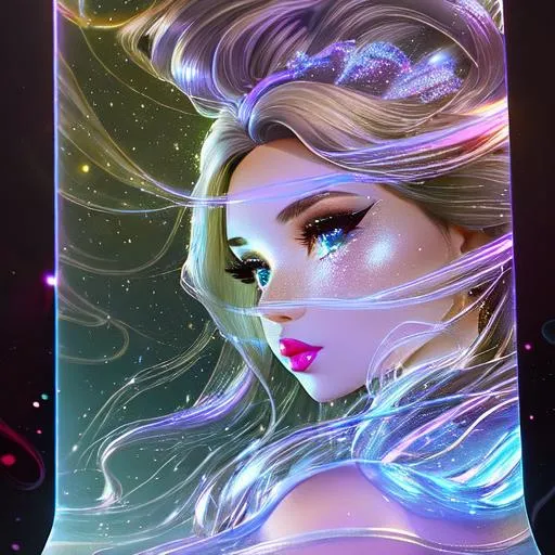 Prompt: Beautiful and sweet girl of warm glaze, wearing vaporous mini dress, discrete make up, glowing up, large curly black marine blue hair, light sparkles, drapping, big lips, pink cheeks, translucid, unreal engine 148k octane, 3d lightning, stellar clouds, quartz and opal, gem rain, soft white skin, long wavy hair, nice smile, luminous chest, fantasy, silence