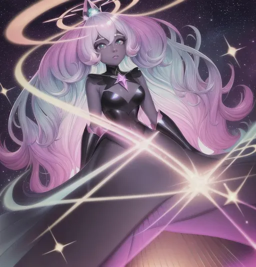 Prompt: highest quality portrait full body of peautiful princess, Steven universe, digital painting, cosmos background, slate colored skin, style of Fragonard, glow pastel hair, highly-detailed symmetric face, cinematic,  ultra pastel color palette, soft light, black background, stars, diamonds, sparkes, white, contrast, shadows, big eyes, iridescent, big lips, long hair, legs visible, arms visible, perfect composition, hyperrealistic, super detailed, 8k, high quality, sharp focus, spotlight, intricate details, highly detailed, dynamic lighting, detailed and intricate environment