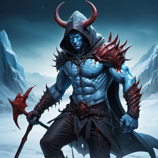 Prompt: Fantasy illustration of the male archdemon of pursuing and ice, dark and eerie, muscular body, icy blue skin-color, blue eyes, hooded coat, spear, glorifying pose, blood stained, in a nightmarish winter landscape, vibrant colors