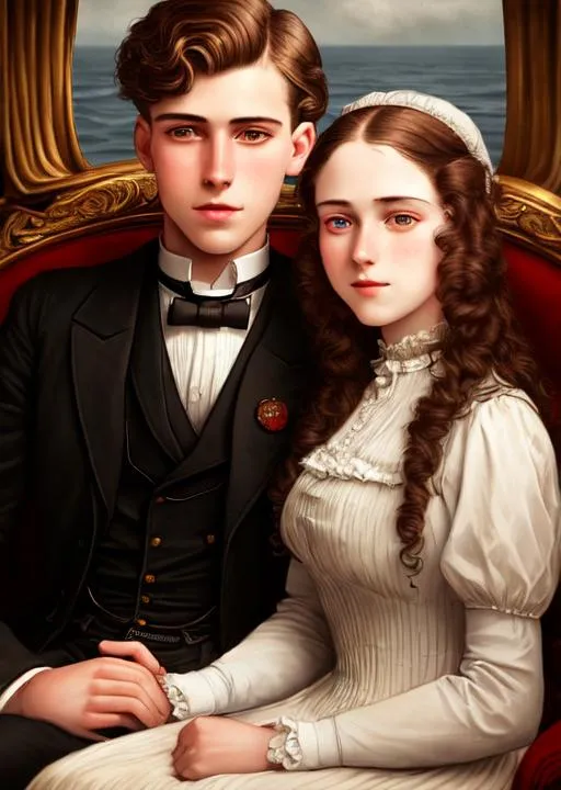 Prompt: Zoomed out hyper realistic very detailed oil portrait of a 21 year old couple, 1sr class passengers on the Titanic, fashionable early 20th century clothing with highly detailed intricate dark hair, wide open eyes, , 2064.