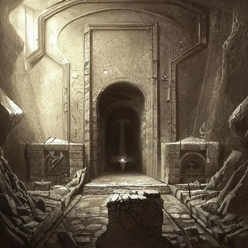 Prompt: A dark and foreboding crypt, filled with ancient relics and dark secrets, in the style of Keith Thompson and Zdzislaw Beksinski, Artstation HD, 8k, Surrealistic digital artwork,