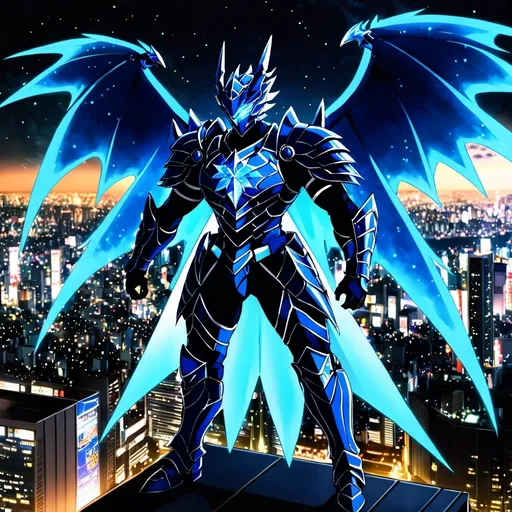 Prompt: anime, an evil, stount, heroic, all white spiked fully dragon armored ninja with a glowing blue gem in his chest and knees, with glowing blue luminescent see through wings made of blue energy with small golden sparkles twinkling around them, standing at the edge of a skyscraper looking down at tokyo