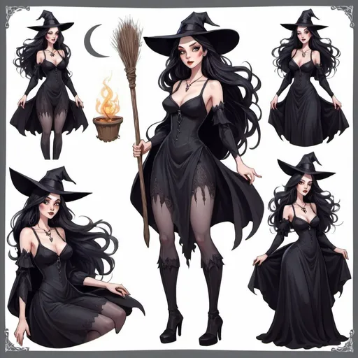 Prompt: Character illustration sheet for a Witch. Age 21, cute, attractive, fantasy theme, pale skin, well-endowed, in-shape,  long dark hair, bright eyes, multiple angles, wearing a revealing Gothic dress