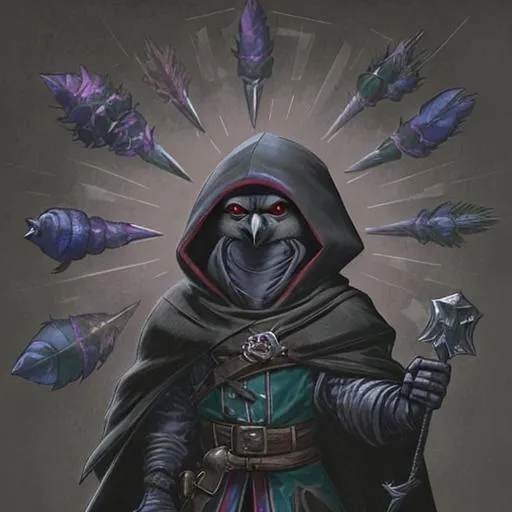 Prompt: kenku wearing a black hood and a dagger, birdman , crow face, feathers, raven, clean, light armor, warlock 