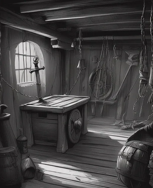 Prompt: There is a pirate in the basement.
(The pirate is a metaphor but also still a person.)
(The basement could rightly be considered a dungeon.)
The pirate was placed here for numerous acts of a piratey
nature considered criminal enough for punishment by those
non-pirates who decide such things.