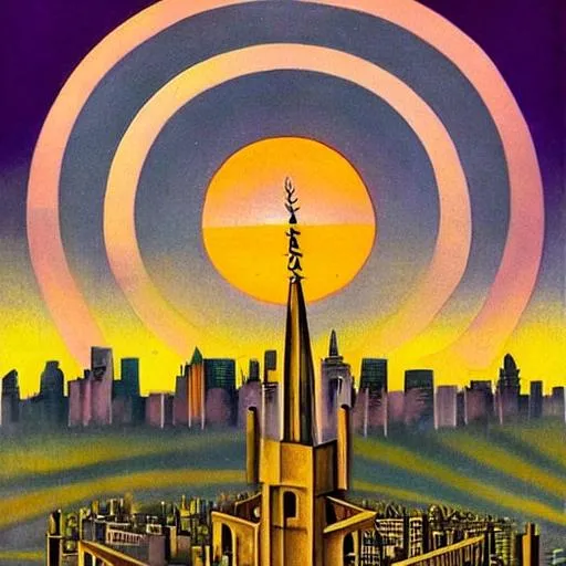 Prompt: Hieronymus Bosch art deco sunrise over nyc purple yellow orange 