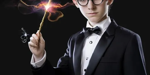 Prompt:  13-15 year old magic boy in a tuxedo casting magic spells  with a magic wand