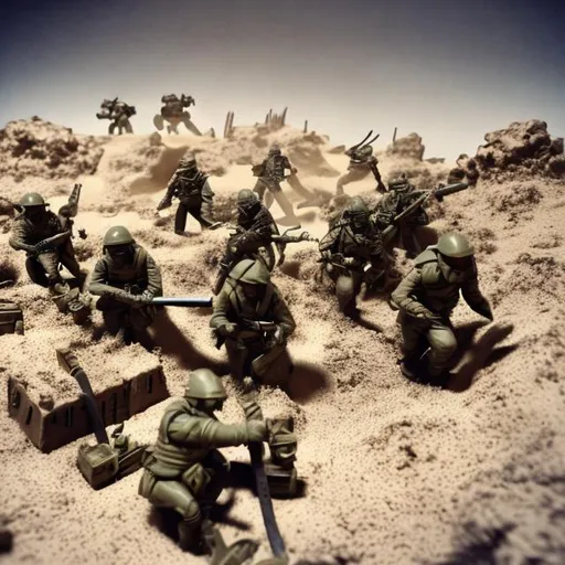 Prompt: trench warfare, desert, surprise attack, scifi, army