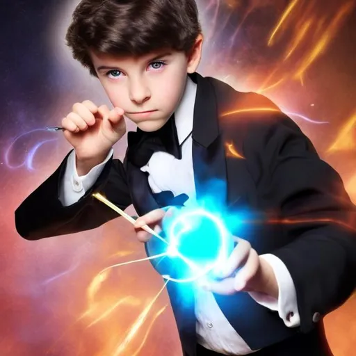 Prompt: 16 year old boy magician boy in a tuxedo holding his magic wand in a threatening manner ready to cast a spell with it