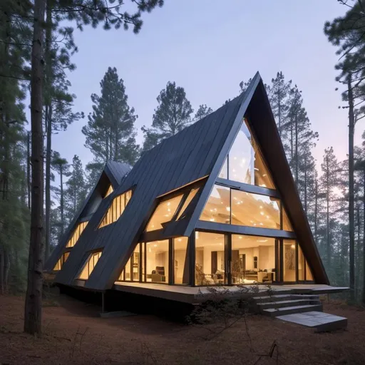 Prompt: create an architectural plan, art deco, a large, beautiful, modern, 1 level, a-frame, accessible home in the forest, with many segmented windows, skylights, with foundation unreal engine 5, hyper realistic, tadao ando, hd
