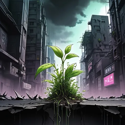 Prompt: Anime cyberpunk style, polluted city with a small sprouting plant coming out from a crack, highly detailed, HD, dark background