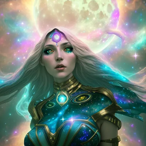 Prompt: Cosmic, Nebula, cinematic, 3D, HD, {Female}Sorceress, expansive psychedelic background, full-moon, hyper realistic, 4K --s98500