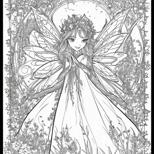 Prompt: coloring page, Bring a fairy to life with radiant eyes enjoying a sunny day in the garden, with every detail ready to be colored, black lines white background--ar17:22