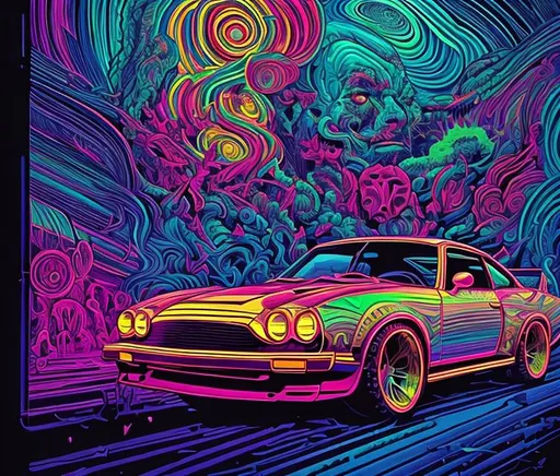 Prompt: Hypnotic illustration of paul walker, hypnotic psychedelic art by Dan Mumford, pop surrealism, dark glow neon paint, mystical, Behance