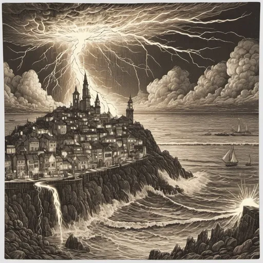 Prompt: tapestry of lightning storm over fantasy coastal city impressive fantasy landscape, beautiful line art, , etching illustration, square sticker, masterpiece
