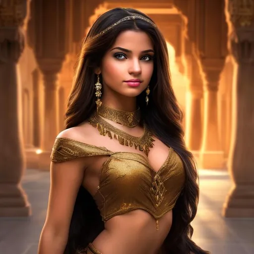 Prompt: professional photo disney jasmine as live action human woman hd hyper realistic beautiful arabian princess black hair olive skin brown eyes beautiful face blue harem outfit enchanting
arabian palace hd background with live action realistic tiger
