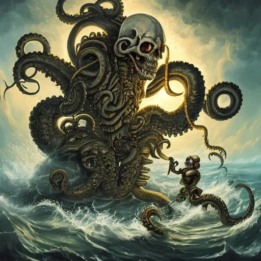 Prompt: rönesans painting of a skeleton fighting a kraken with an axe as among us flys in the ocean with sun light coming down on the battle and war bouts are around them  