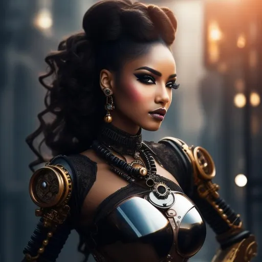 Prompt: Produce a photograph of a steampunk robotic beautiful female android, black woman skin, dark brown eyes, looking into the camera, with fantasy colors, spot lights, in a light background, high quality, trending art, trending on artstation, sharp focus, studio photo, intricate details, highly detailed, UHD, HDR, 8K, ((Masterpiece))