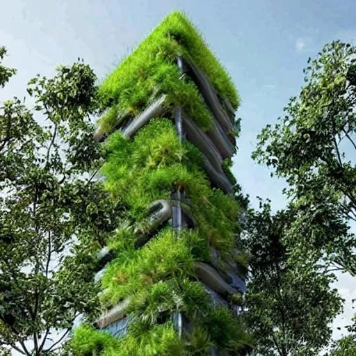 Prompt: futuristic high rise building with one green plant wall