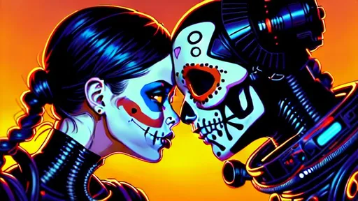 Prompt: a cinematic portrait of calavera Catrina kissing an astronaut, cyberpunk, 8k resolution, Clean Cel shaded vector art by lois van baarle, artgerm, Dan Mumford, by makoto shinkai and ilya kuvshinov, rossdraws, panoramic, digital painting