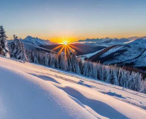 Prompt: Close up shot to the snow surface, of a slope covered with snow, seeing some snow crystals reflecting distant shining sun. Beautiful snowy mountain landscape on the background, sunset with the sun above the distant mountains, 4k ultra HD, hyperrealistic, highly detailed, professional photograph