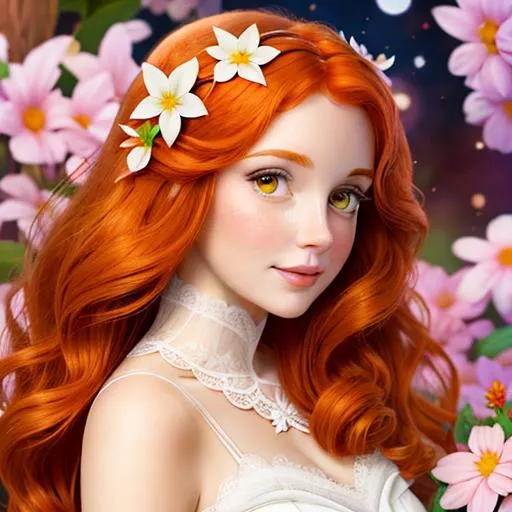 Prompt: Disney princess with ginger hair, white flower in hair, facial closeup

