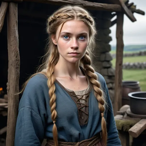 Prompt: A young and beautiful Anglo-Saxon peasant woman from the Viking era, standing outside a ruined rustic blacksmith's forge. Her long, golden-brown hair is loosely braided, with a few strands escaping to frame her delicate yet weathered face, stained with hints of soot. Her deep blue eyes reflect resilience and warmth. She wears a simple but well-crafted woolen dress in earthy tones, cinched at the waist with a woven belt, and a linen apron dusted with soot. A silver Thor’s hammer pendant rests on her chest, a symbol of her Norse influences.
Background: a burning village and forge, wooden beams, and iron tools, with a soft sunset casting golden hues over the scene. The wind lightly lifts the hem of her dress, hinting at movement. The atmosphere is rich with texture, from the rough-hewn wood to the smudges of ash on her hands, embodying the rugged horror of medieval battle aftermath