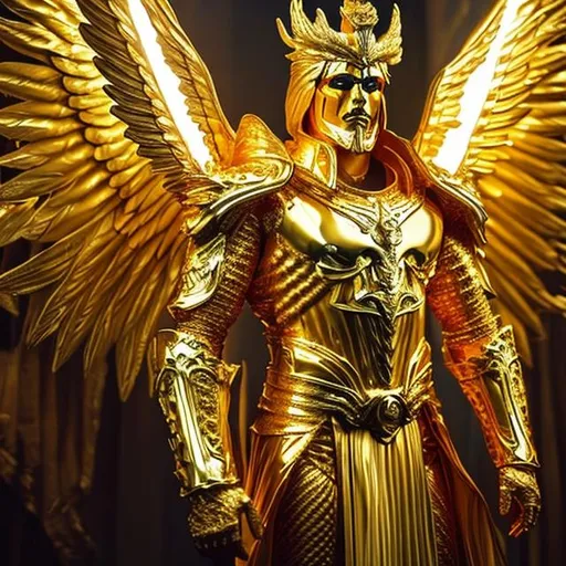 Prompt: A fantasy angelic masculine big male king with a shining golden full-body armor made of light with golden wings like a Garuda and a scary-looking golden mask and a majestic aura