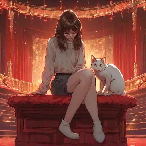 Prompt: a photo of a young human woman with shoulder length brown hair sits facing forward with her legs dangling over the edge of the red and gold lit stage, she is crying and looking at her lap. a ghost cat is sitting at her left. the cat is a ghost. high resolution, 100k, UHD