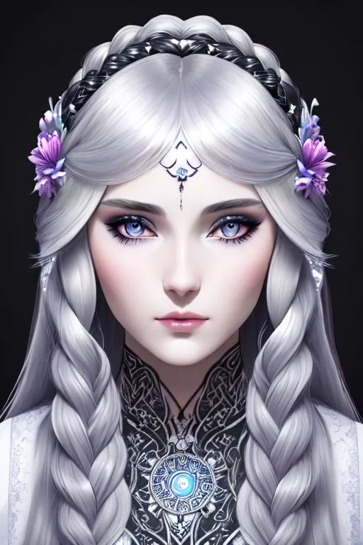 Prompt: 1 girl, close-up photo for a mythical beautiful woman, silver white flowing long hair with symmetric braids, cool grayish blue long eye, straight nose, detailed perfect face, pale skin, cool expression, black background, rim light, back light. she wears a colorful magical robe with intricated design, with ghostly accessories and tattoo, the trend of artstation fantastic style.