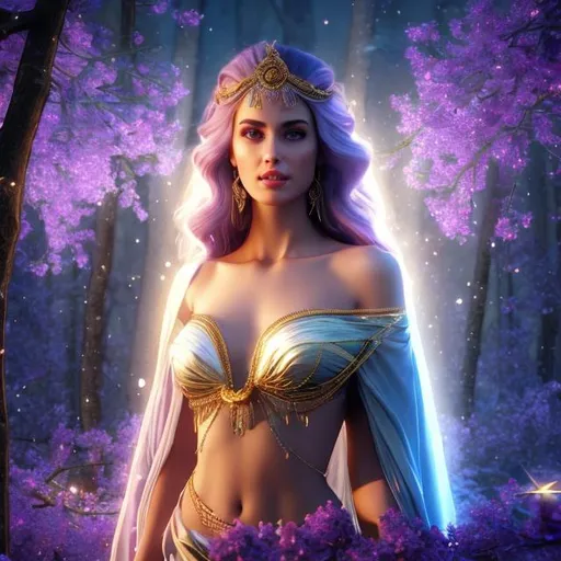 Prompt: HD 4k 3D 8k professional modeling photo hyper realistic beautiful woman ethereal greek goddess of truce
short lilac hair blue eyes gorgeous face olive skin beautiful shimmering grecian dress and cloak diadem jewelry holding scroll and torch full body surrounded by magical glowing light hd landscape background falling snow in forest 